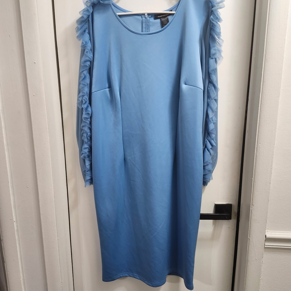 Ashley Stewart Elegant Blue Dress with Ruffle Sleeves - Picture 3 of 4